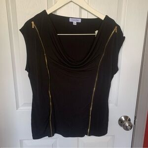 Calvin Klein Black Cowl Neck Top with Gold Zip Detail